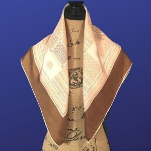 VIVIENNE Square COAT SCARF, Silky BROWN/CREAM “Hearts and Squiggles” print, EUC